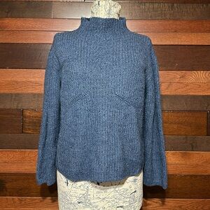 K.B Collections Cowl Neck Long Sleeve Blue Ribbed Knit Sweater